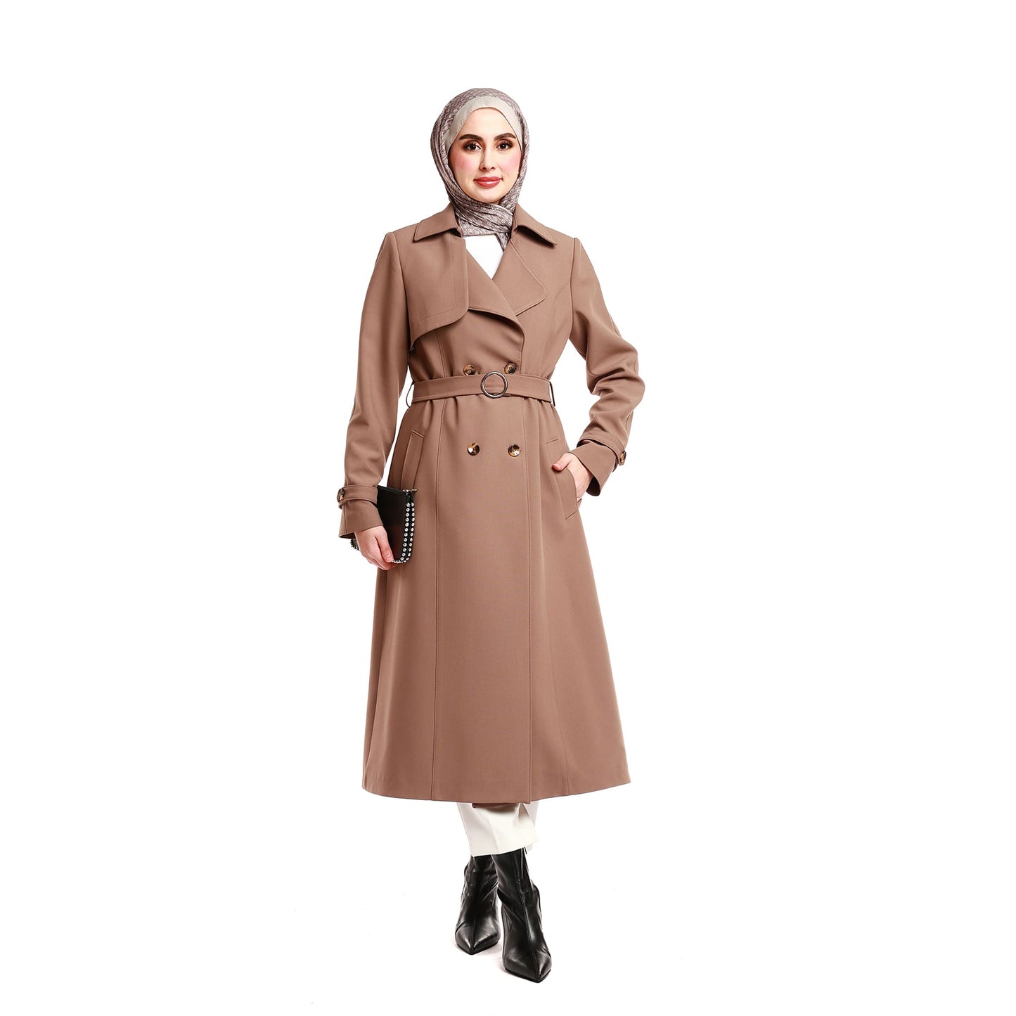 Double-Breasted Belted Polo Collar Lined Coat