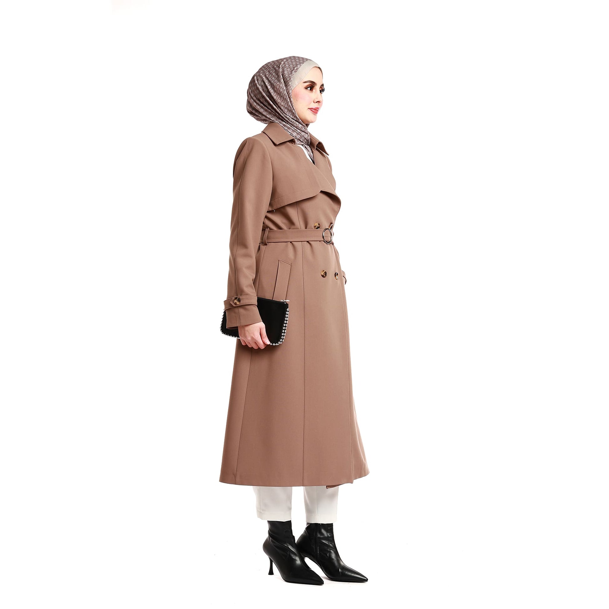 Double-Breasted Belted Polo Collar Lined Coat