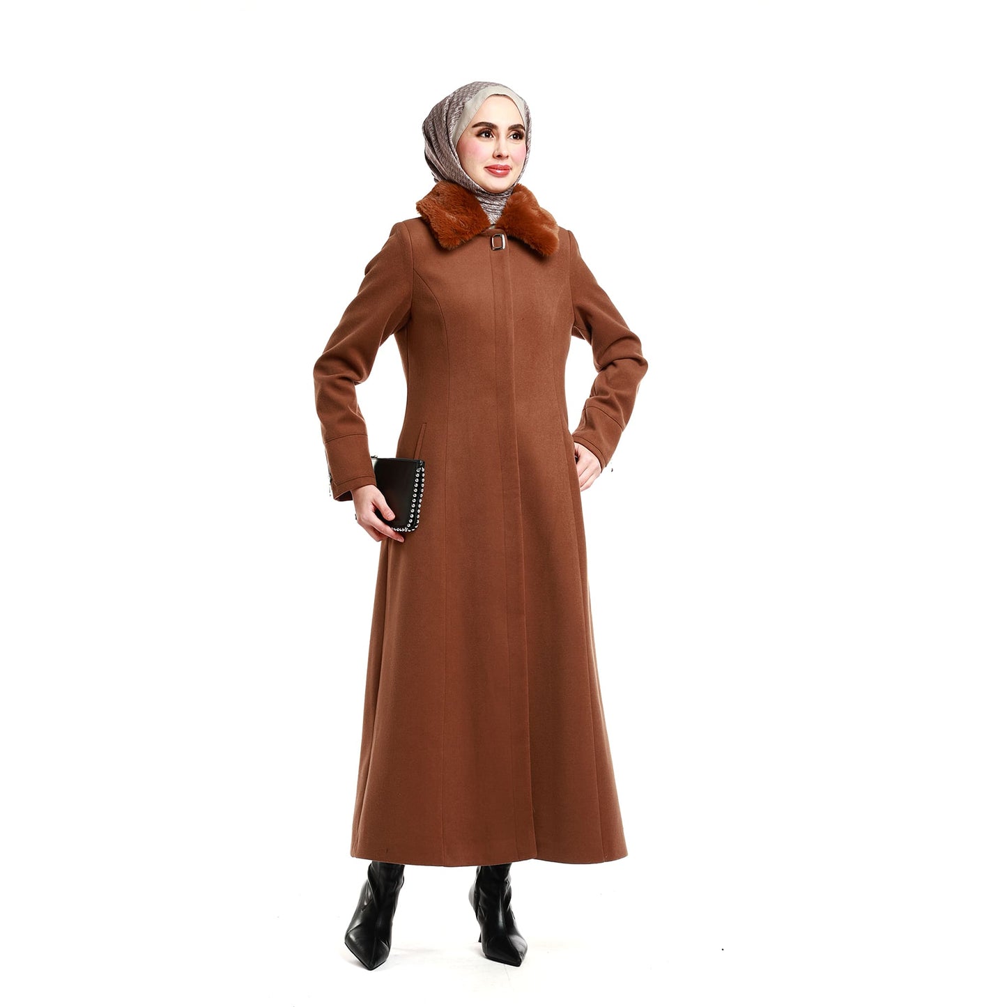 Wool Coat with Fur Collar and Hidden Placket