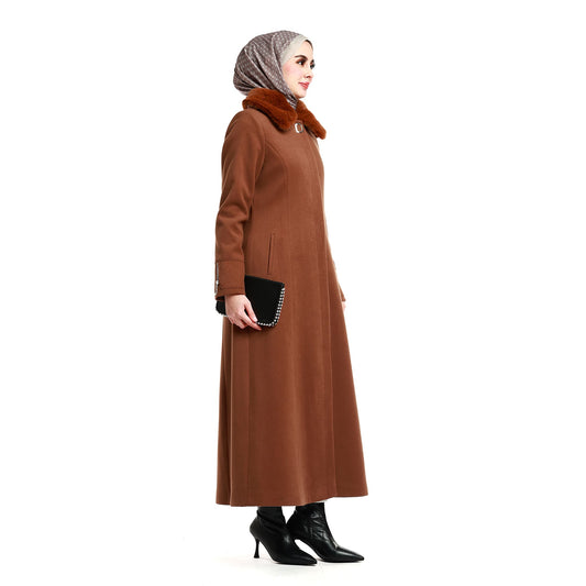 Wool Coat with Fur Collar and Hidden Placket