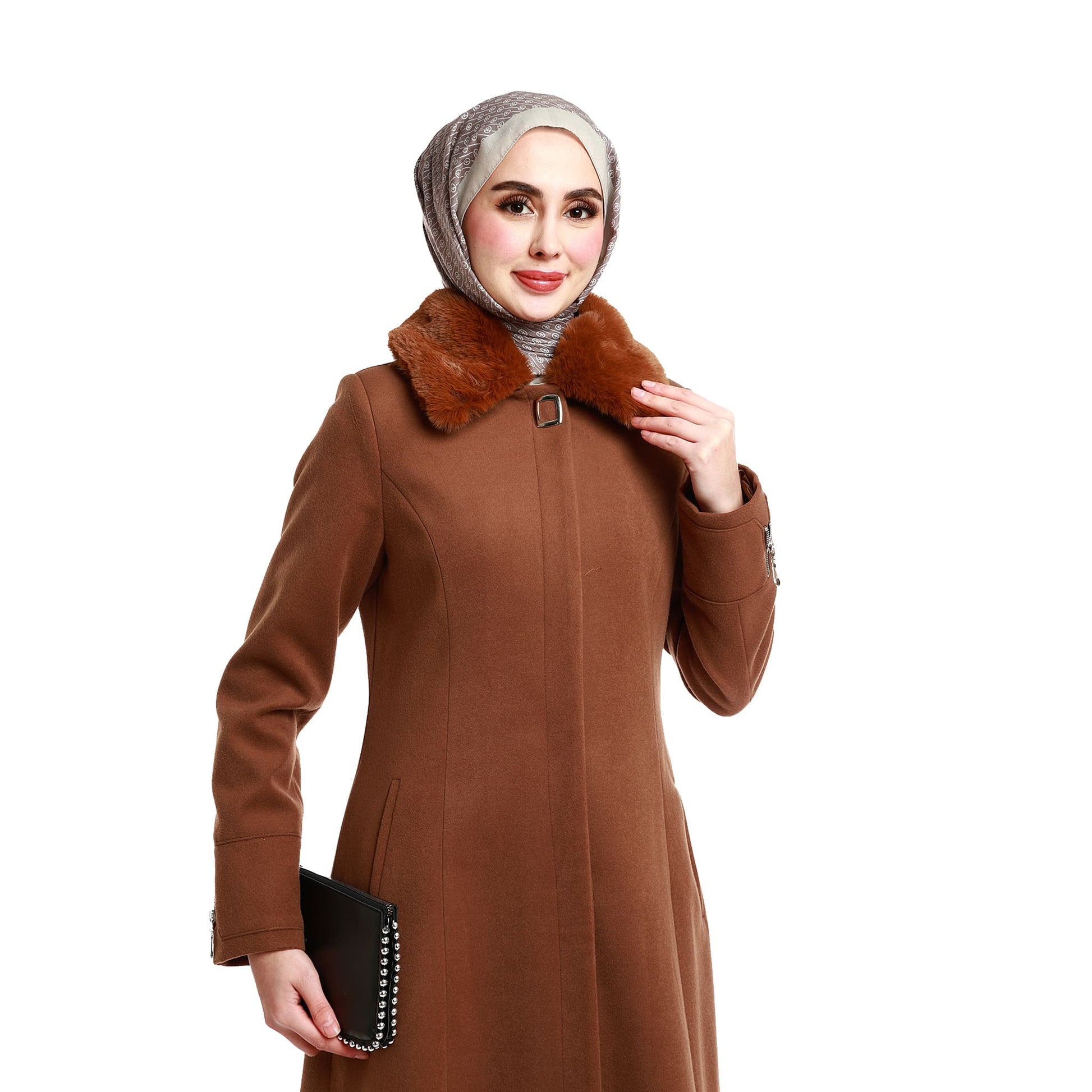 Wool Coat with Fur Collar and Hidden Placket