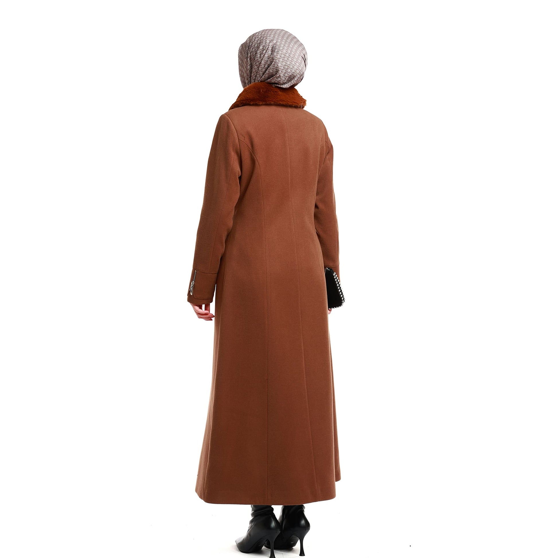 Wool Coat with Fur Collar and Hidden Placket
