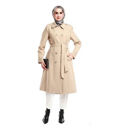 Mid-Length Polo Collar Coat with Epaulettes and Belt Details