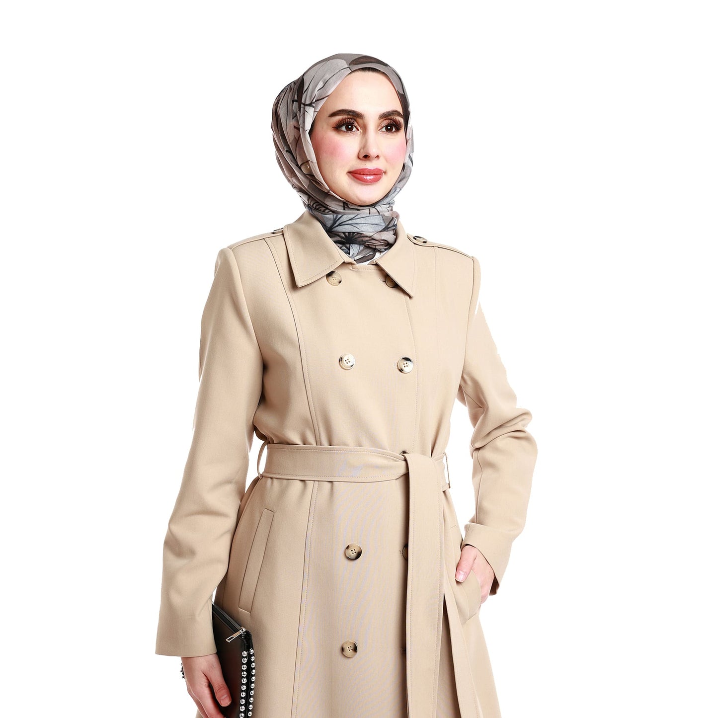 Mid-Length Polo Collar Coat with Epaulettes and Belt Details