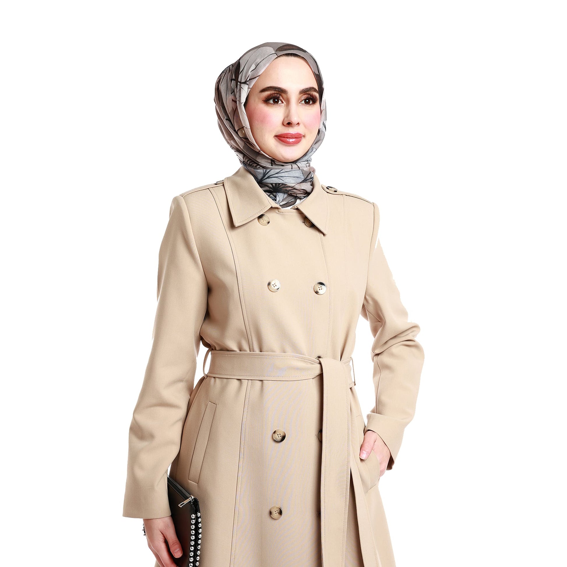 Mid-Length Polo Collar Coat with Epaulettes and Belt Details