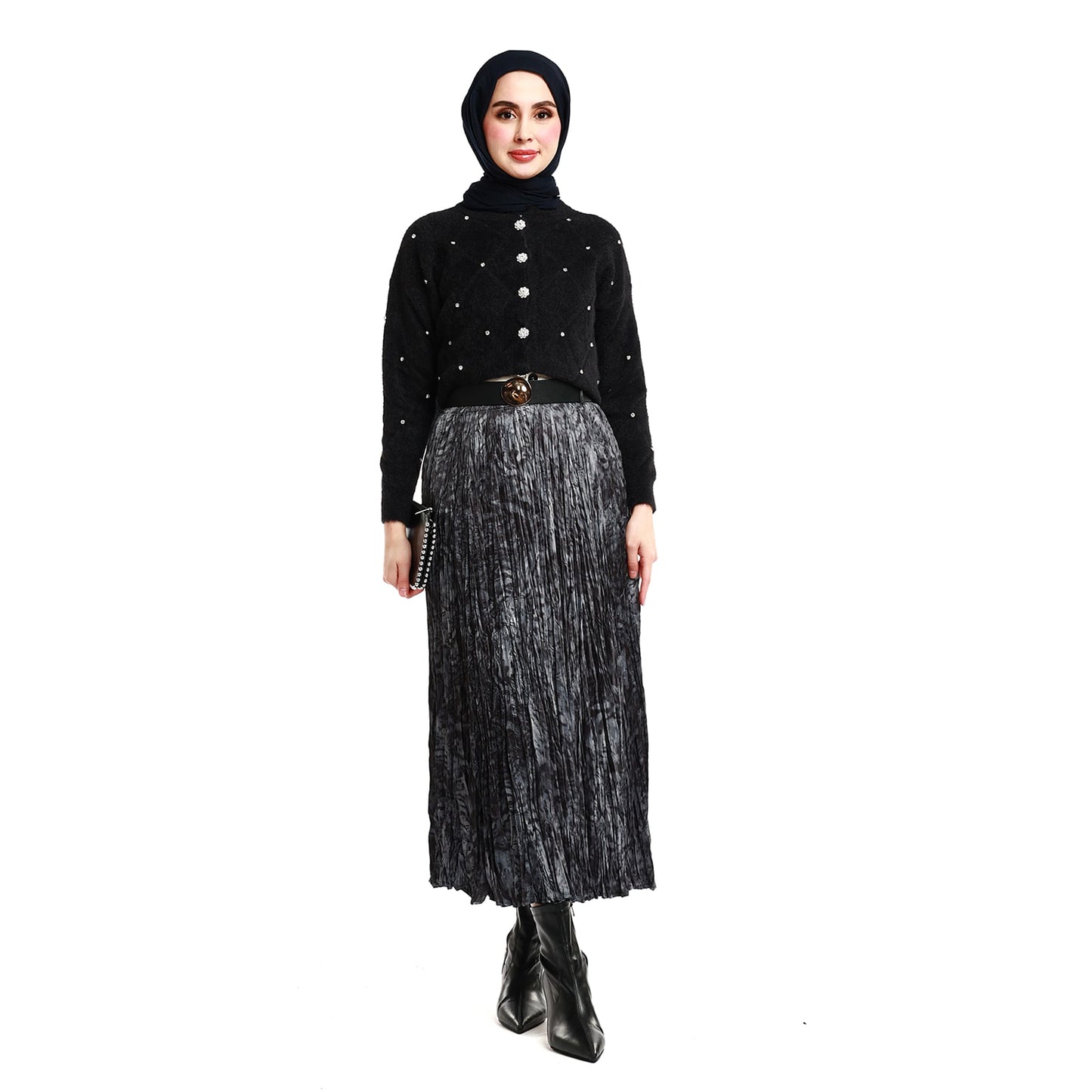 Pleated Skirt with Pattern and Belt Detail