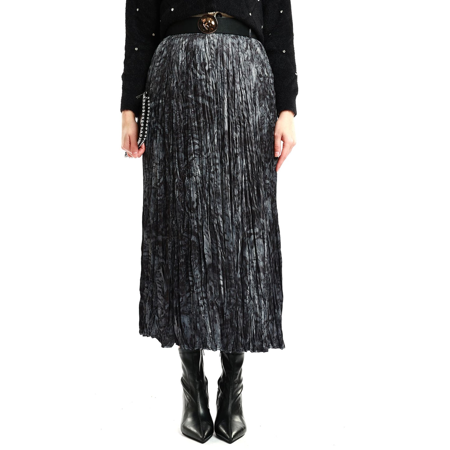 Pleated Skirt with Pattern and Belt Detail
