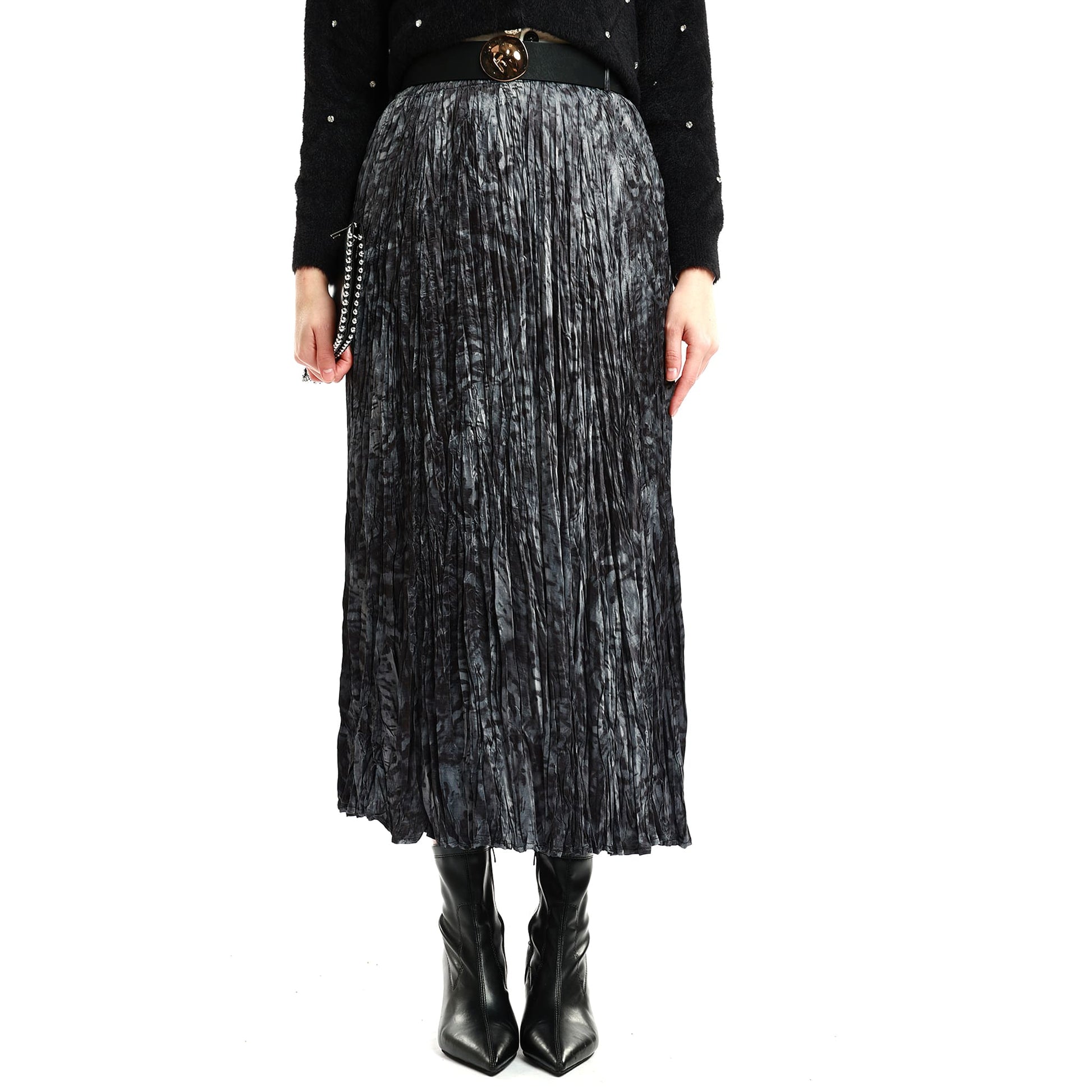 Pleated Skirt with Pattern and Belt Detail