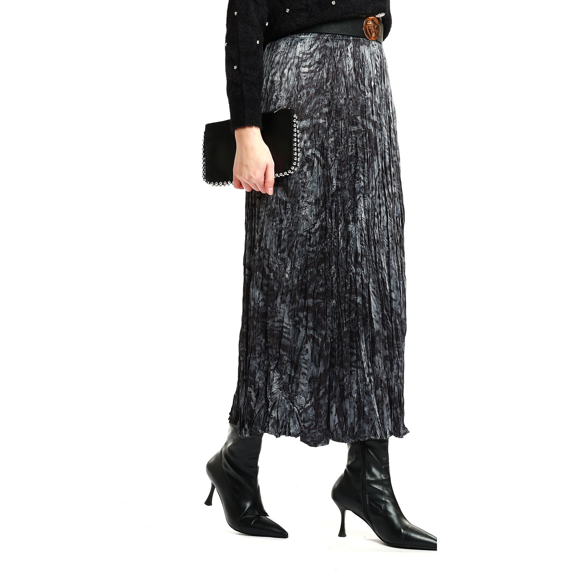 Pleated Skirt with Pattern and Belt Detail