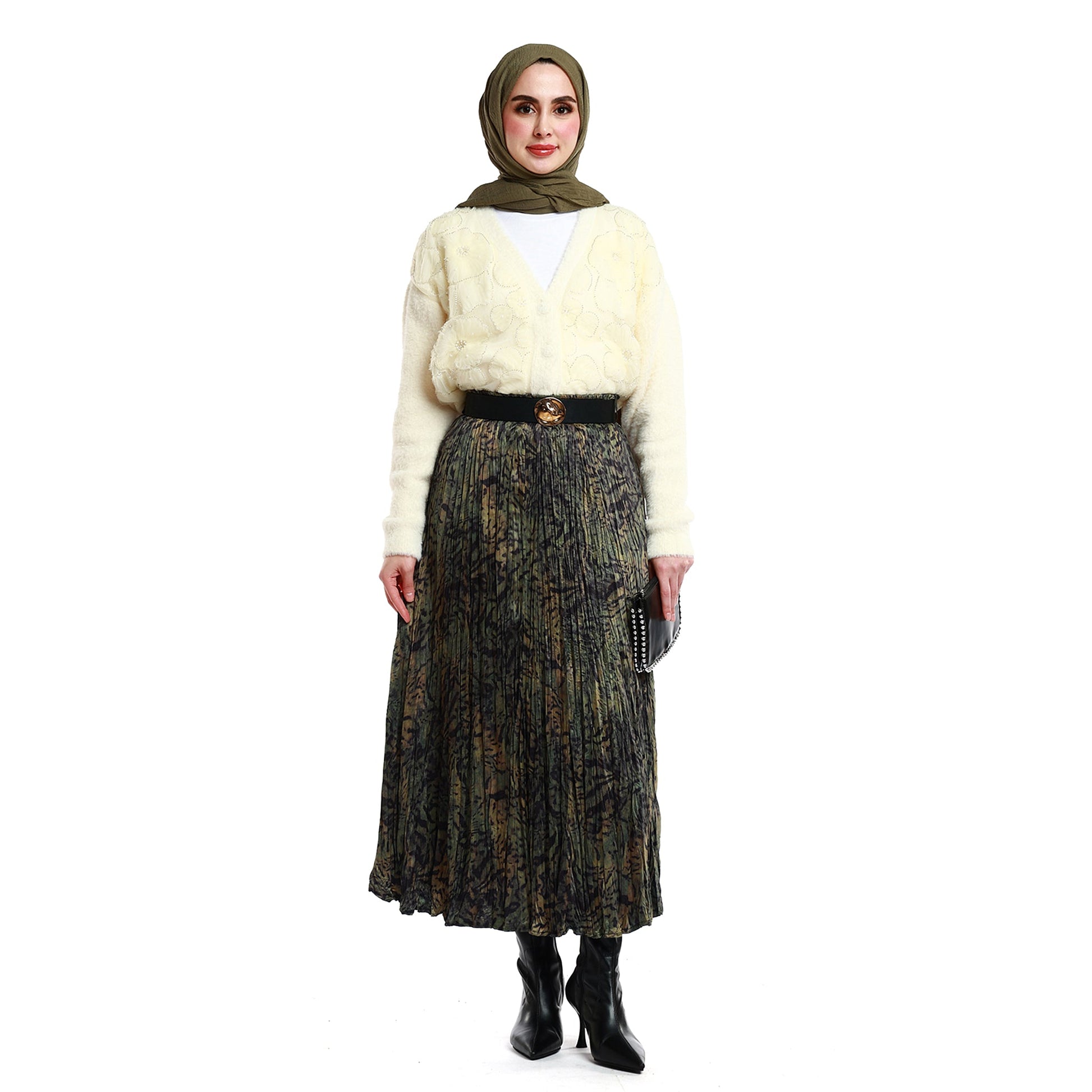 Pleated Skirt with Patterned Belt Detail