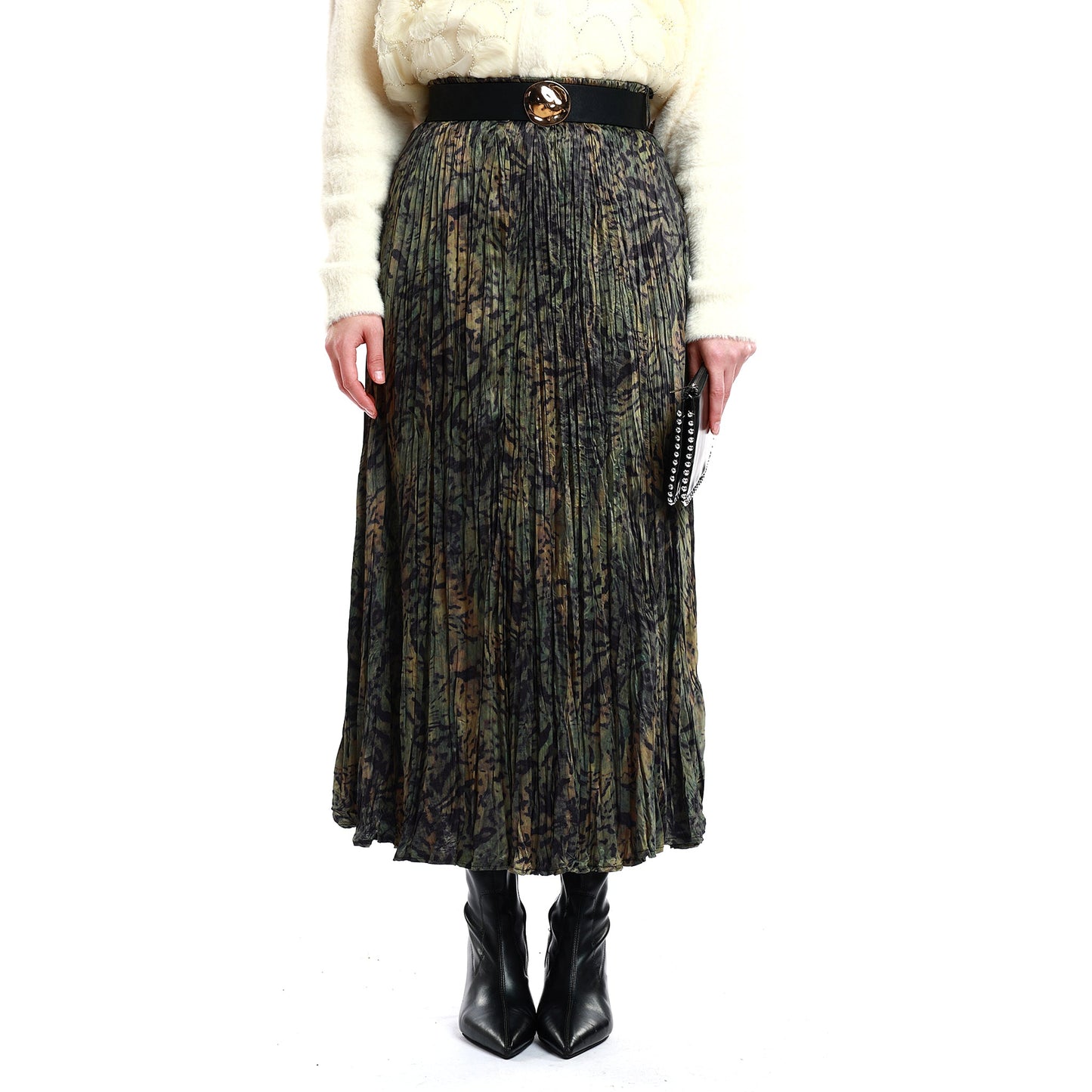 Pleated Skirt with Patterned Belt Detail