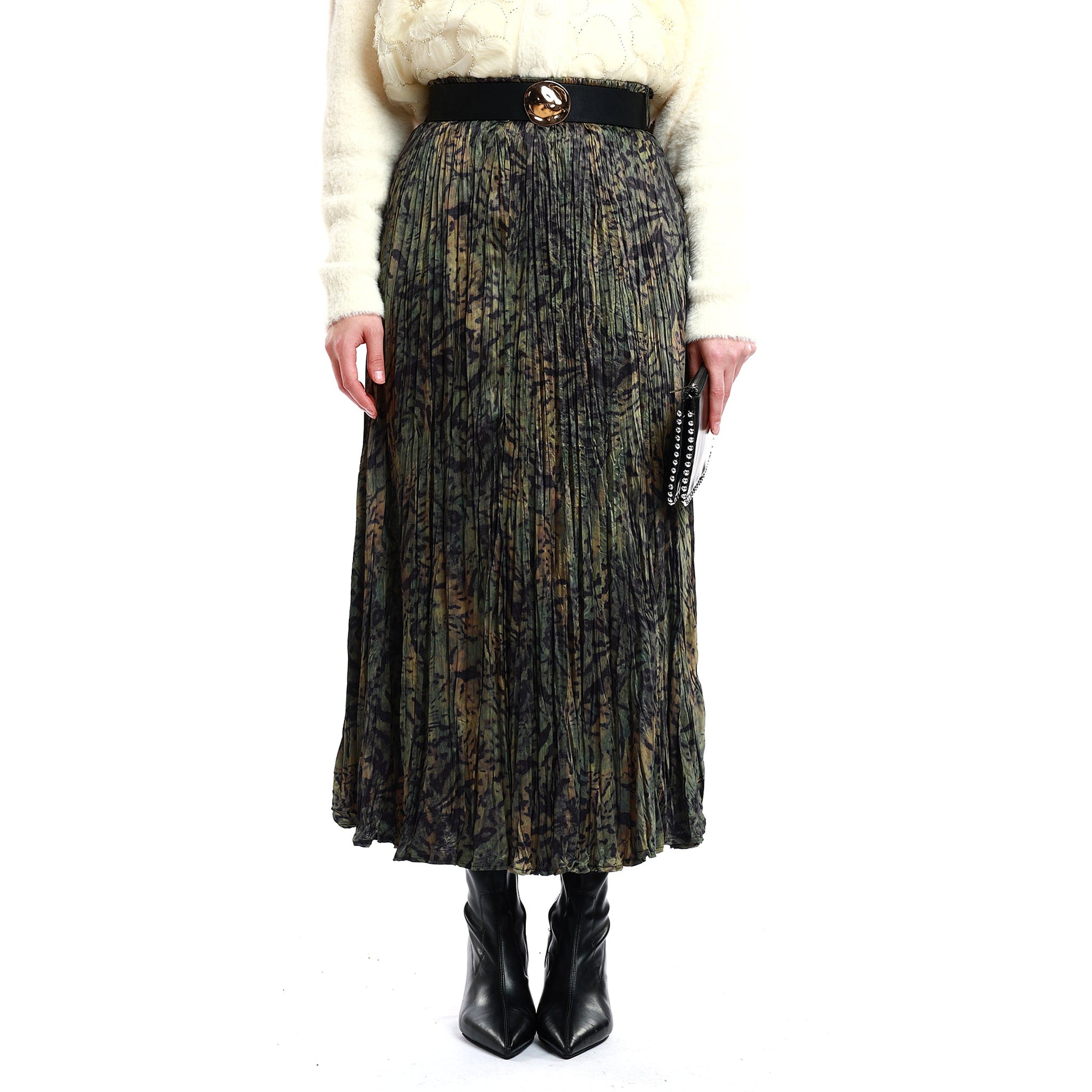 Pleated Skirt with Patterned Belt Detail
