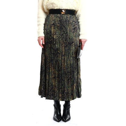 Pleated Skirt with Patterned Belt Detail