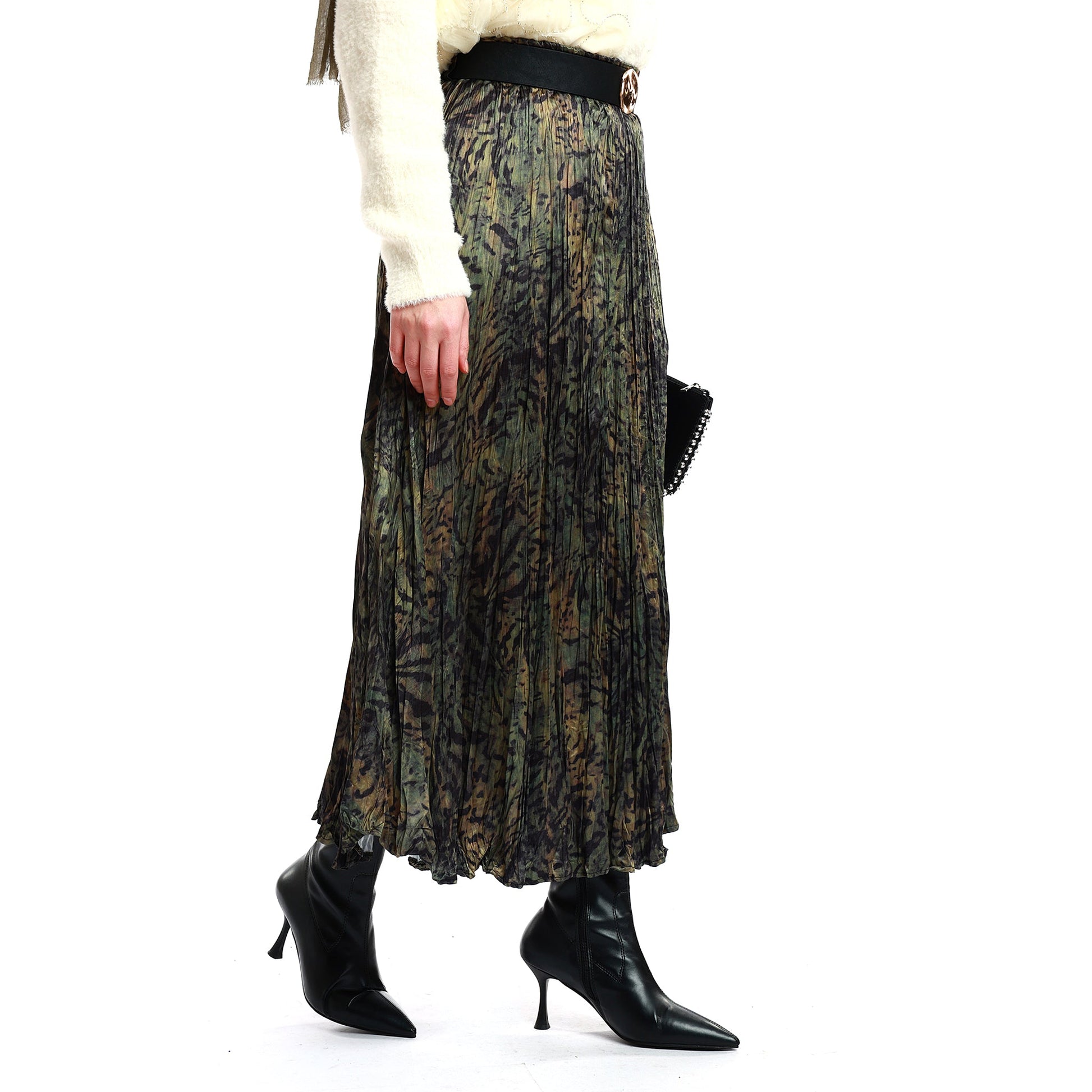 Pleated Skirt with Patterned Belt Detail