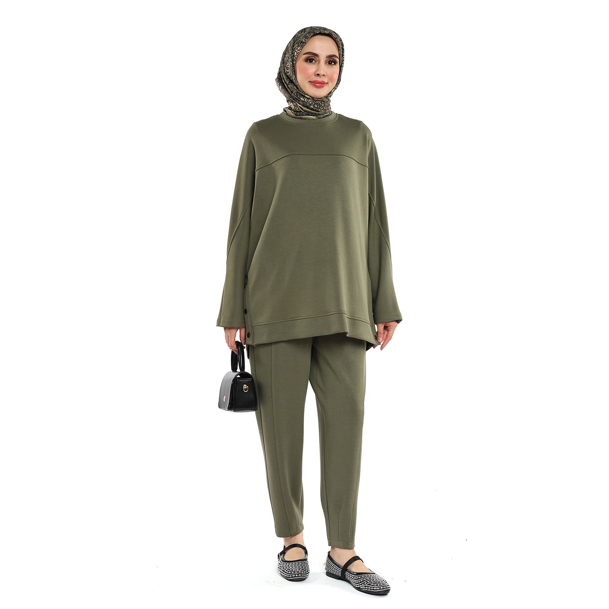 Modal Batwing Sleeve Buttoned Slit Two Piece Set