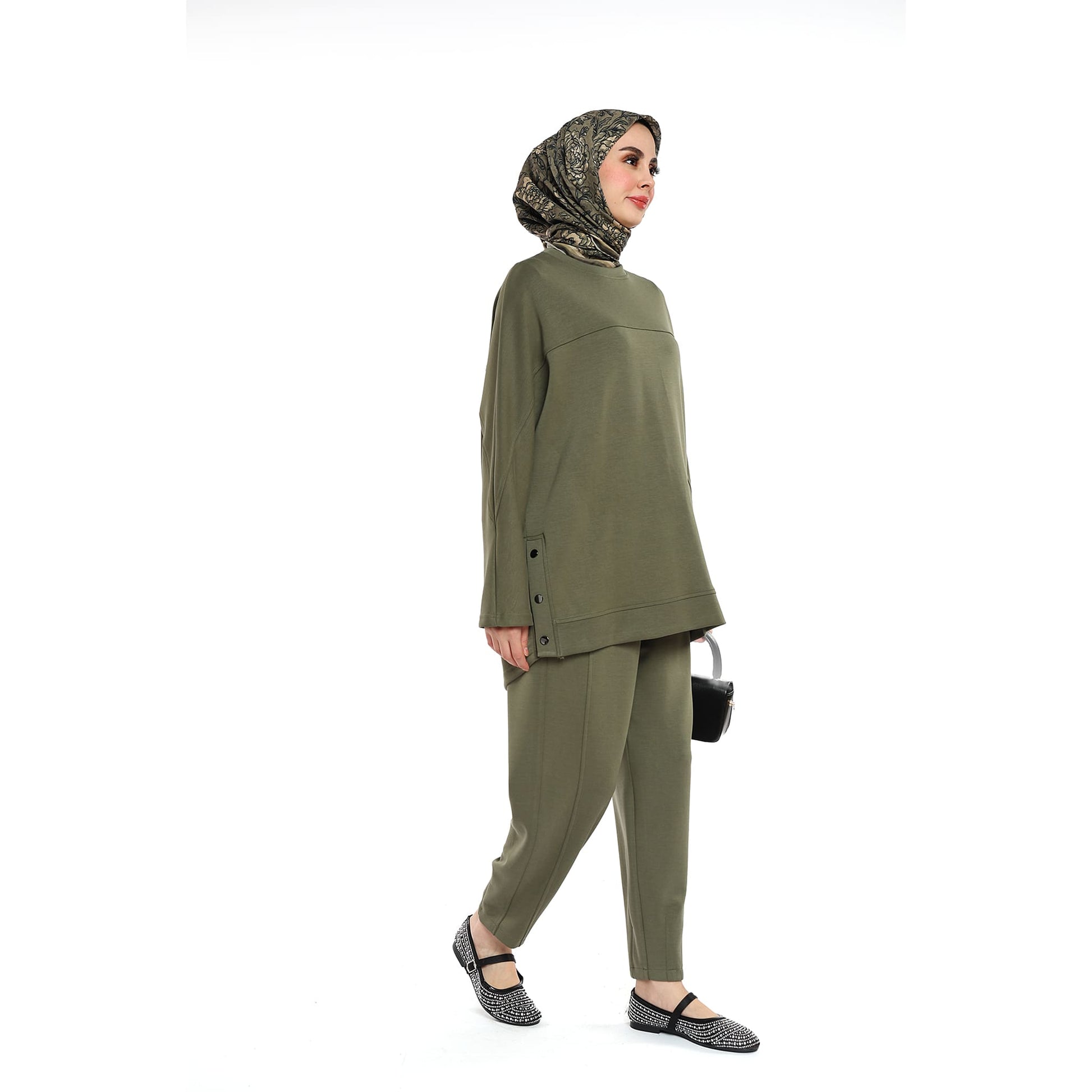 Modal Batwing Sleeve Buttoned Slit Two Piece Set