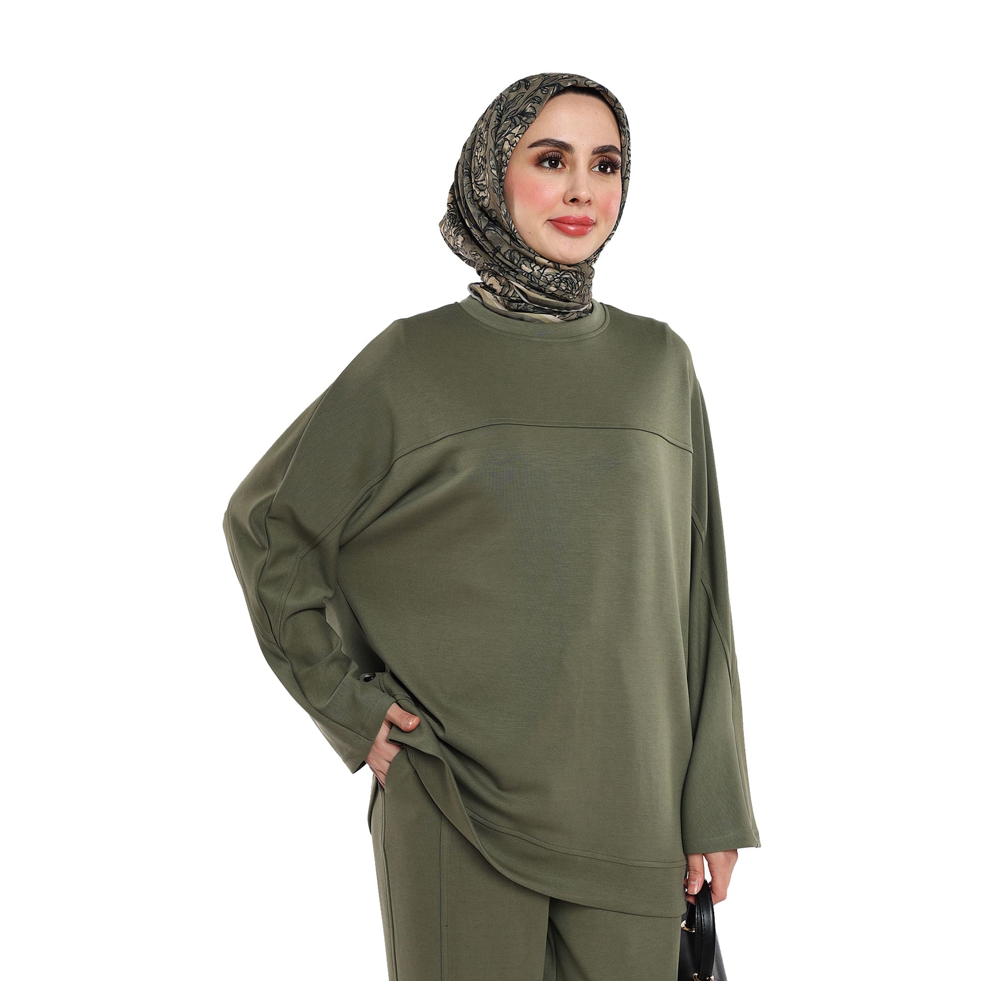 Modal Batwing Sleeve Buttoned Slit Two Piece Set
