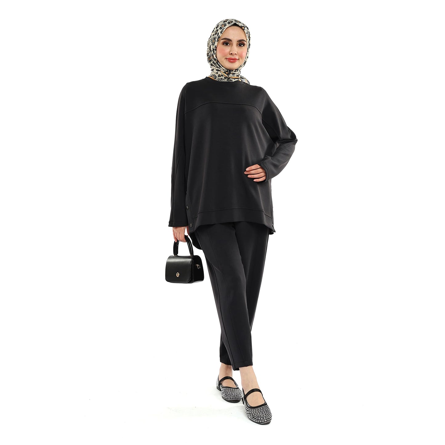 Modal Batwing Sleeve Buttoned Slit Two Piece Set