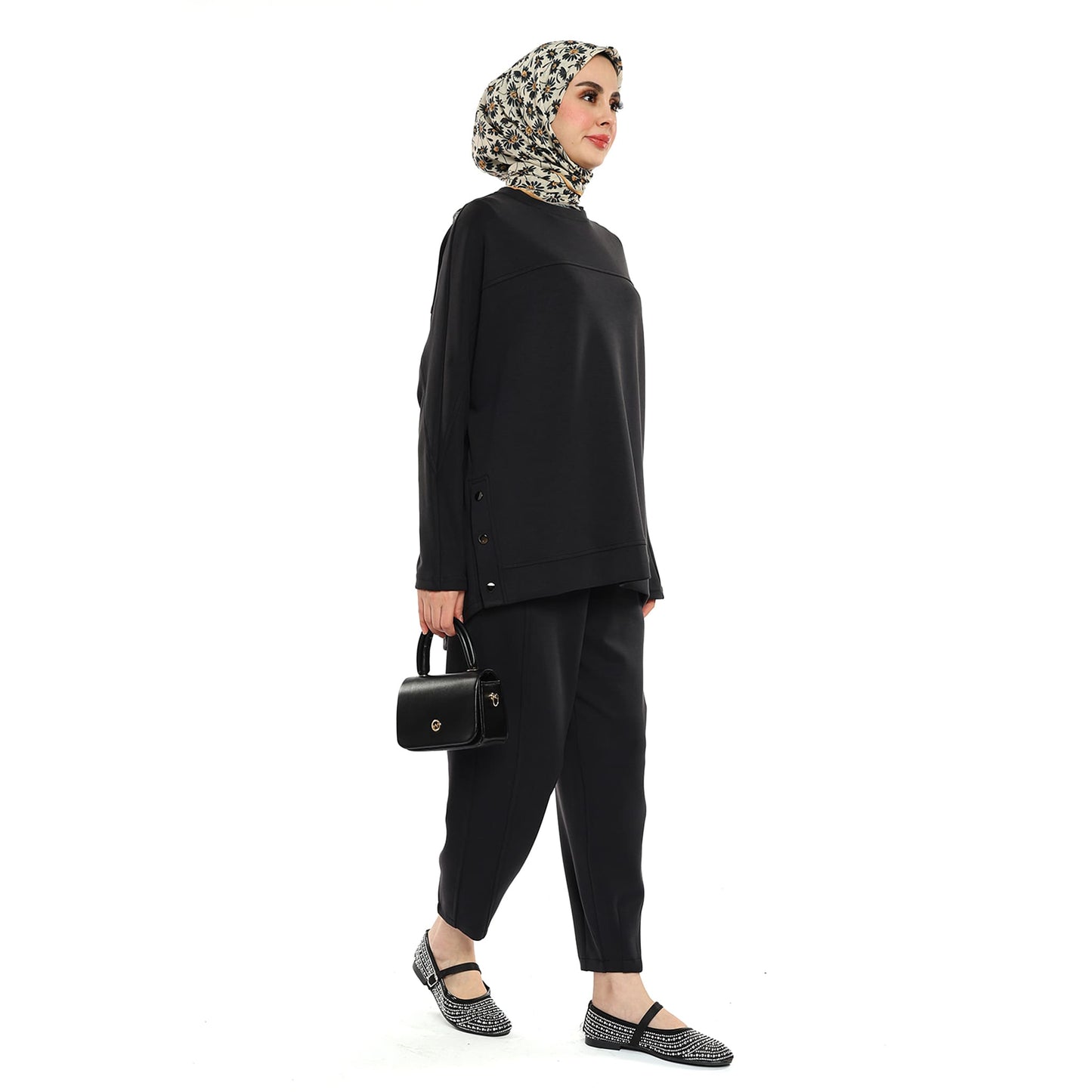 Modal Batwing Sleeve Buttoned Slit Two Piece Set