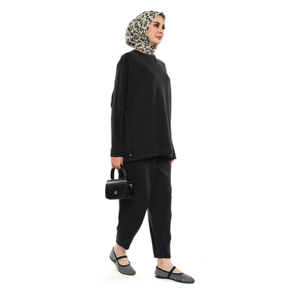 Modal Batwing Sleeve Buttoned Slit Two Piece Set