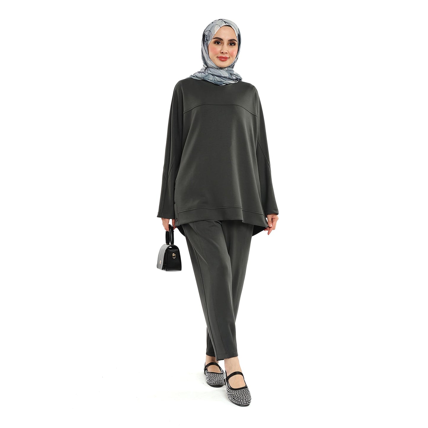 Modal Batwing Sleeve Buttoned Slit Two Piece Set
