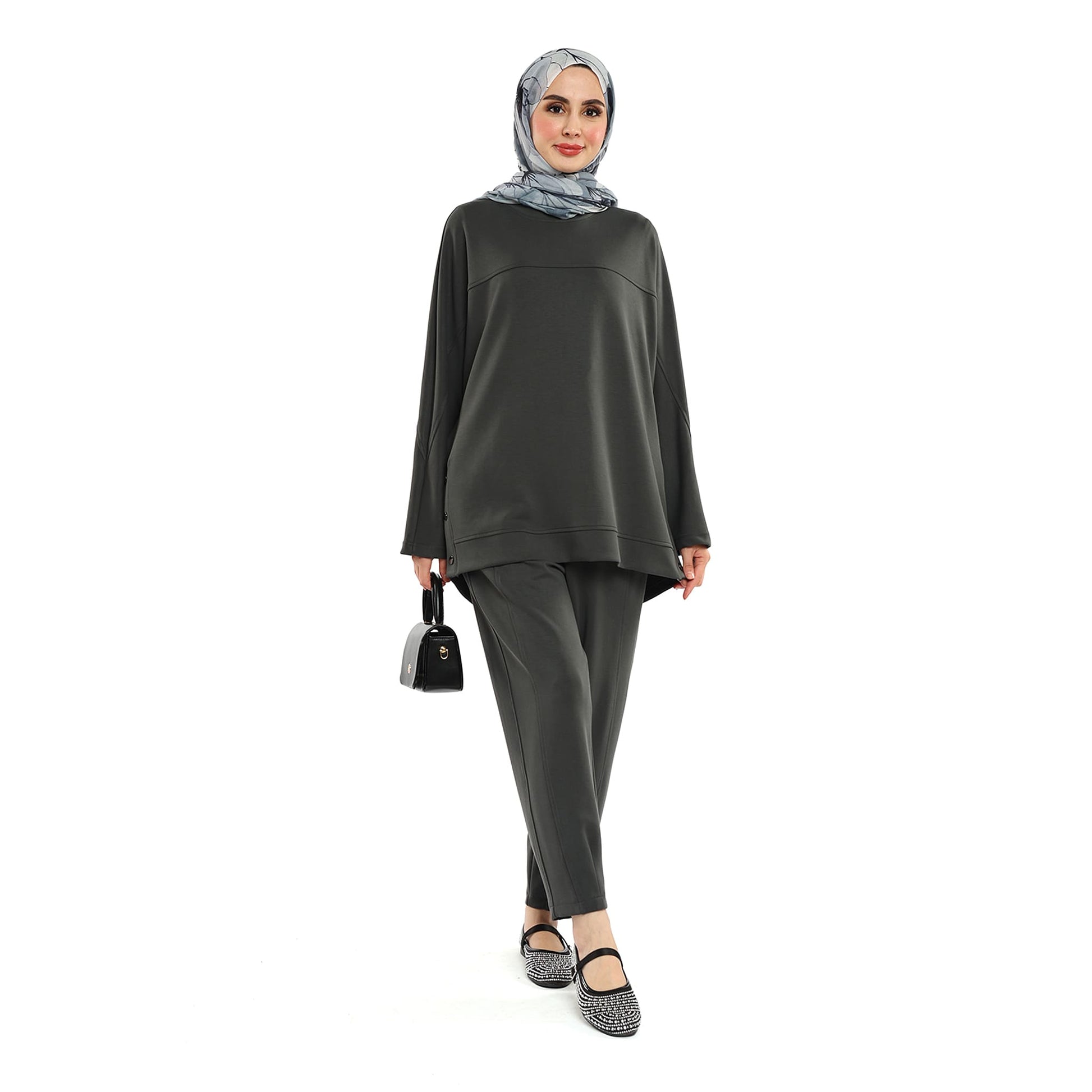 Modal Batwing Sleeve Buttoned Slit Two Piece Set