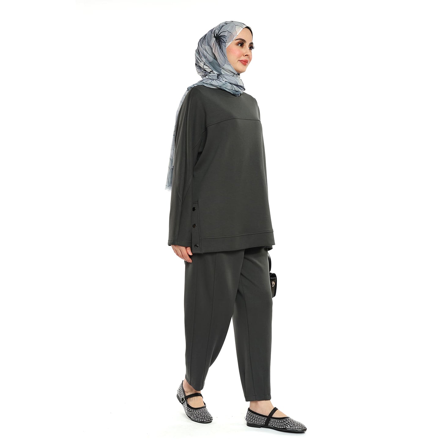 Modal Batwing Sleeve Buttoned Slit Two Piece Set