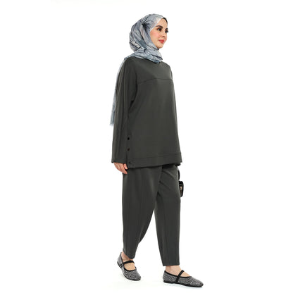 Modal Batwing Sleeve Buttoned Slit Two Piece Set