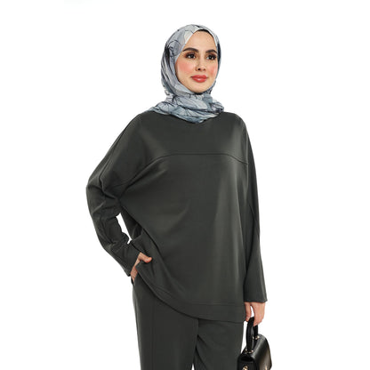 Modal Batwing Sleeve Buttoned Slit Two Piece Set