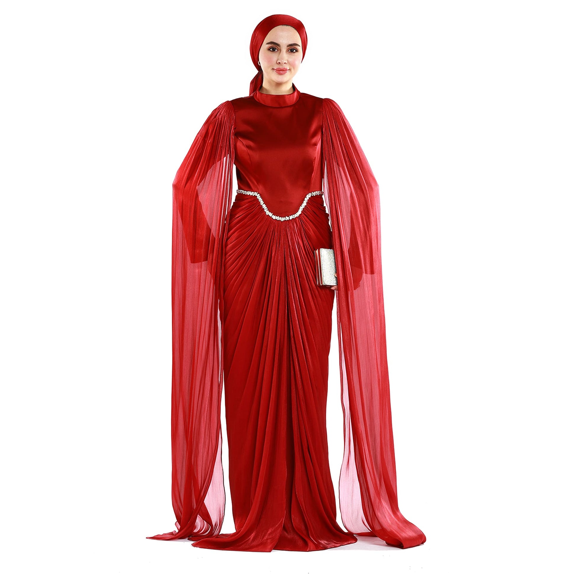 Embellished Waist Cape Sleeve Draped Satin Evening Dress