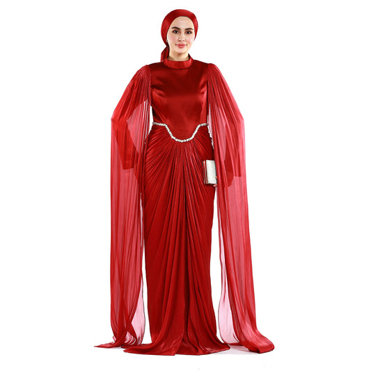 Embellished Waist Cape Sleeve Draped Satin Evening Dress