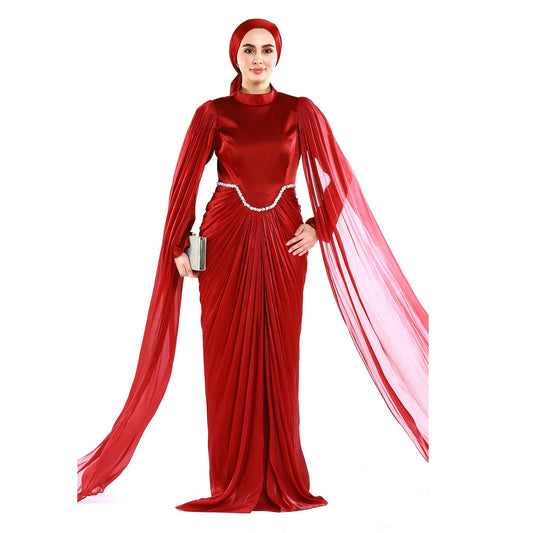 Embellished Waist Cape Sleeve Draped Satin Evening Dress