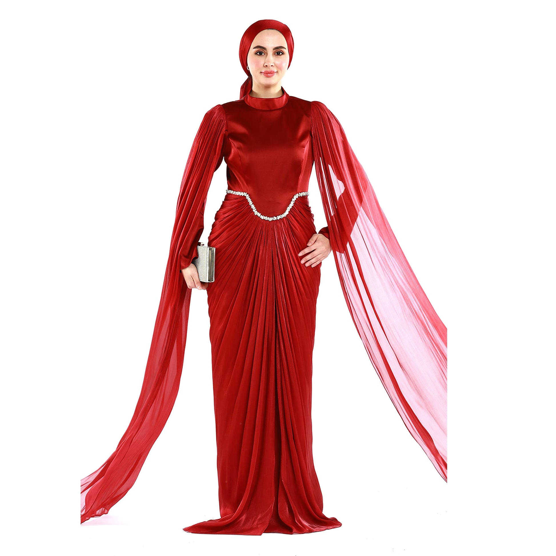 Embellished Waist Cape Sleeve Draped Satin Evening Dress