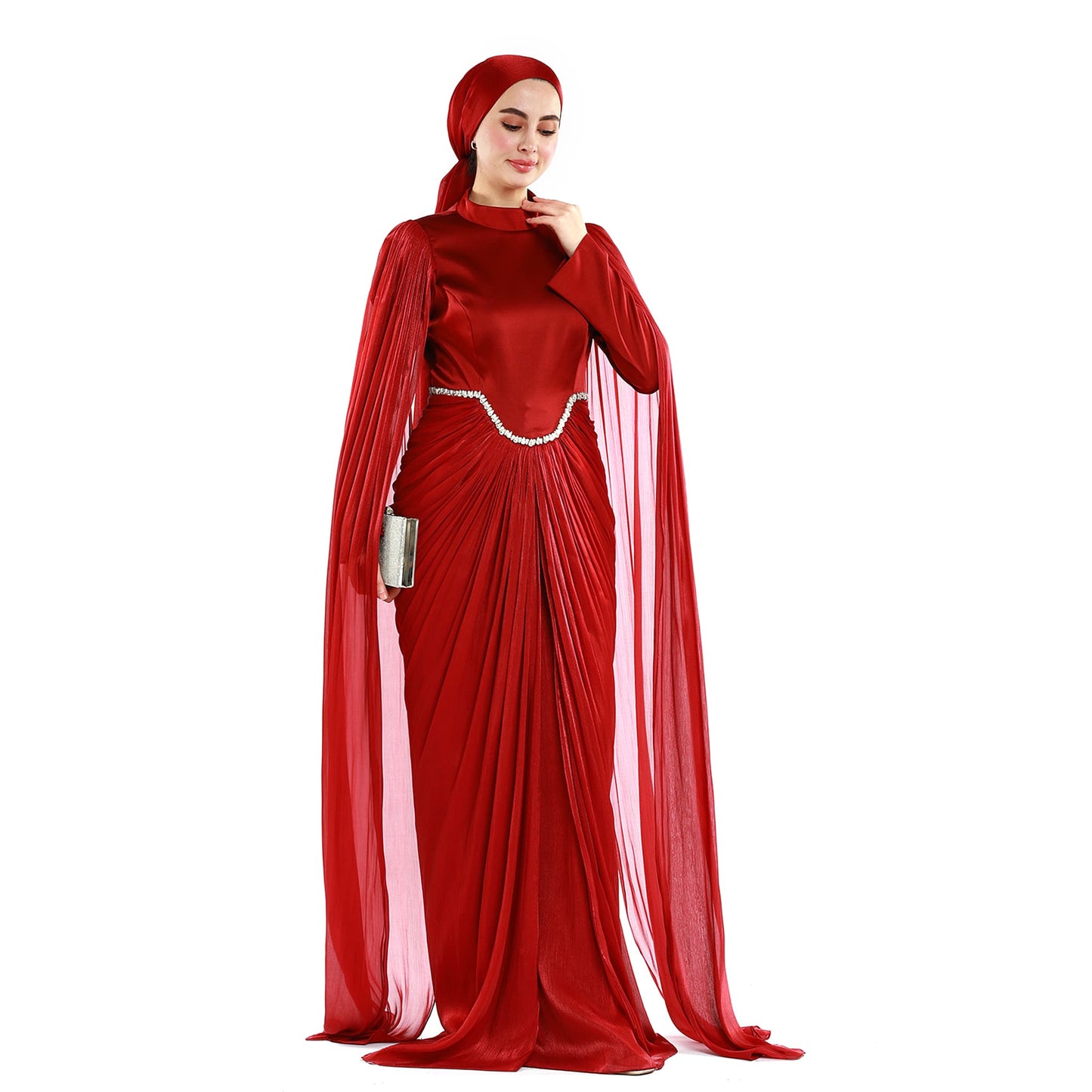 Embellished Waist Cape Sleeve Draped Satin Evening Dress