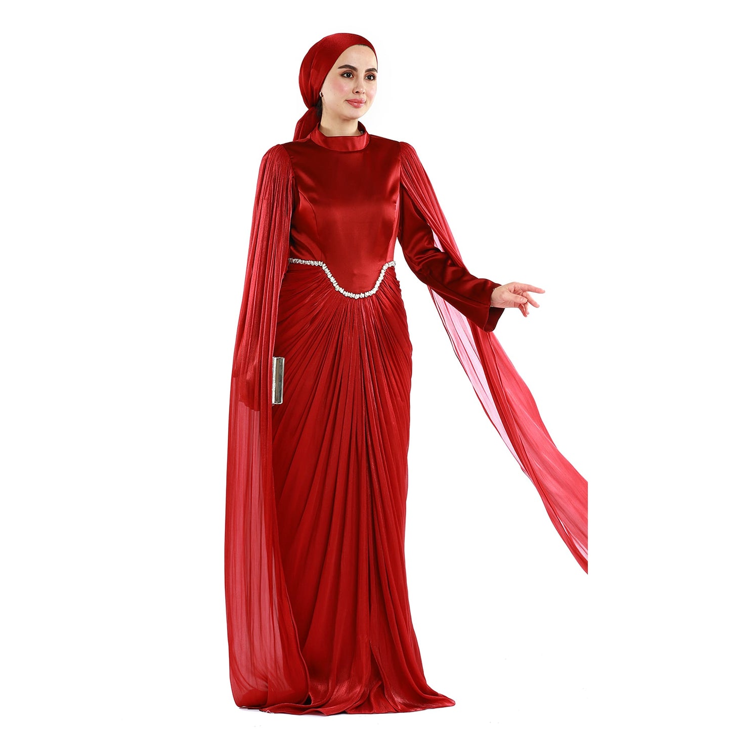 Embellished Waist Cape Sleeve Draped Satin Evening Dress