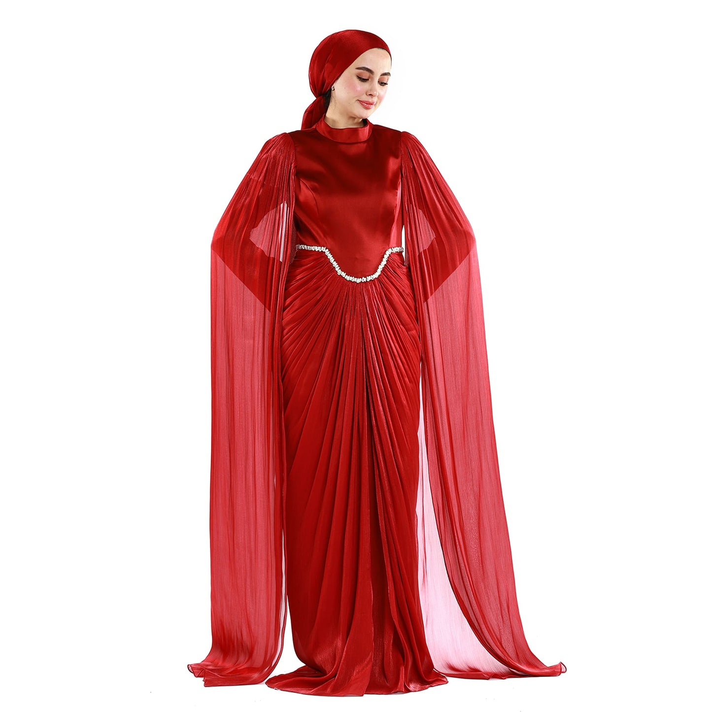 Embellished Waist Cape Sleeve Draped Satin Evening Dress