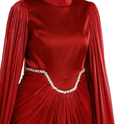 Embellished Waist Cape Sleeve Draped Satin Evening Dress