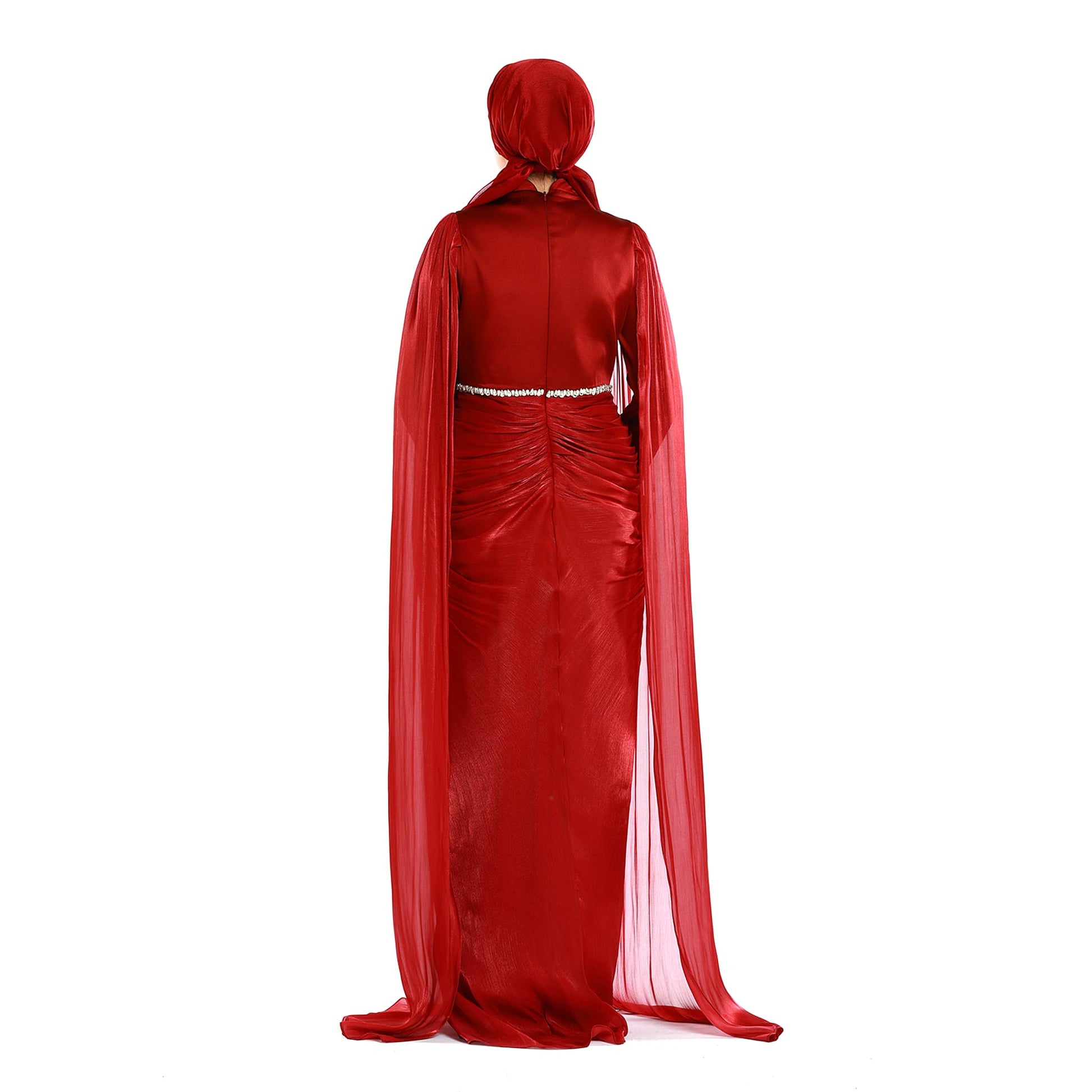 Embellished Waist Cape Sleeve Draped Satin Evening Dress