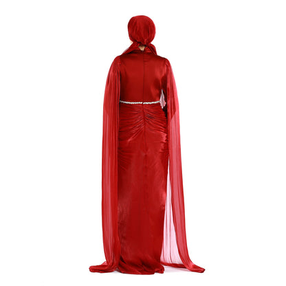 Embellished Waist Cape Sleeve Draped Satin Evening Dress