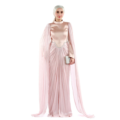 Embellished Waist Cape Sleeve Draped Satin Evening Dress
