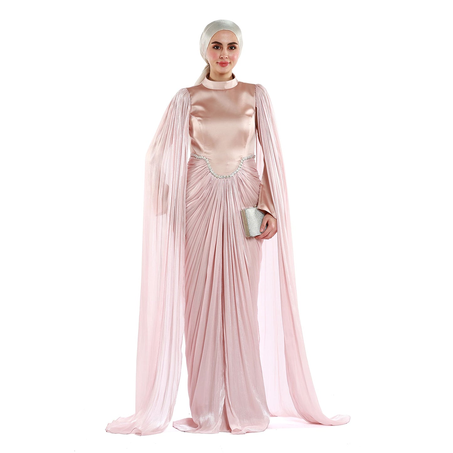 Embellished Waist Cape Sleeve Draped Satin Evening Dress