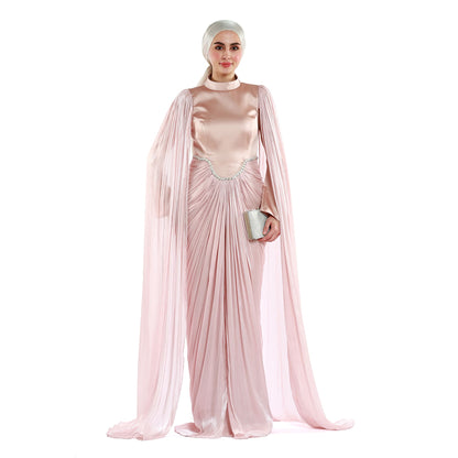 Embellished Waist Cape Sleeve Draped Satin Evening Dress
