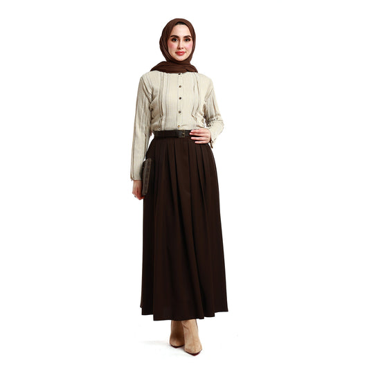 Belted Pleated Tencel Fabric Long Skirt