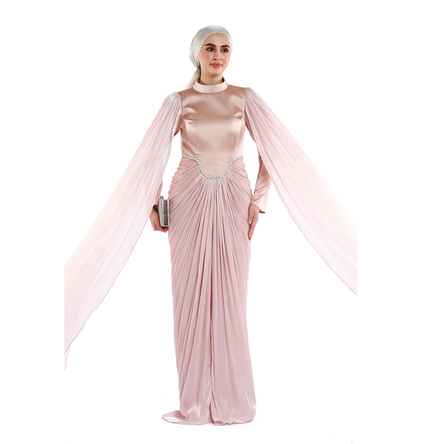 Embellished Waist Cape Sleeve Draped Satin Evening Dress