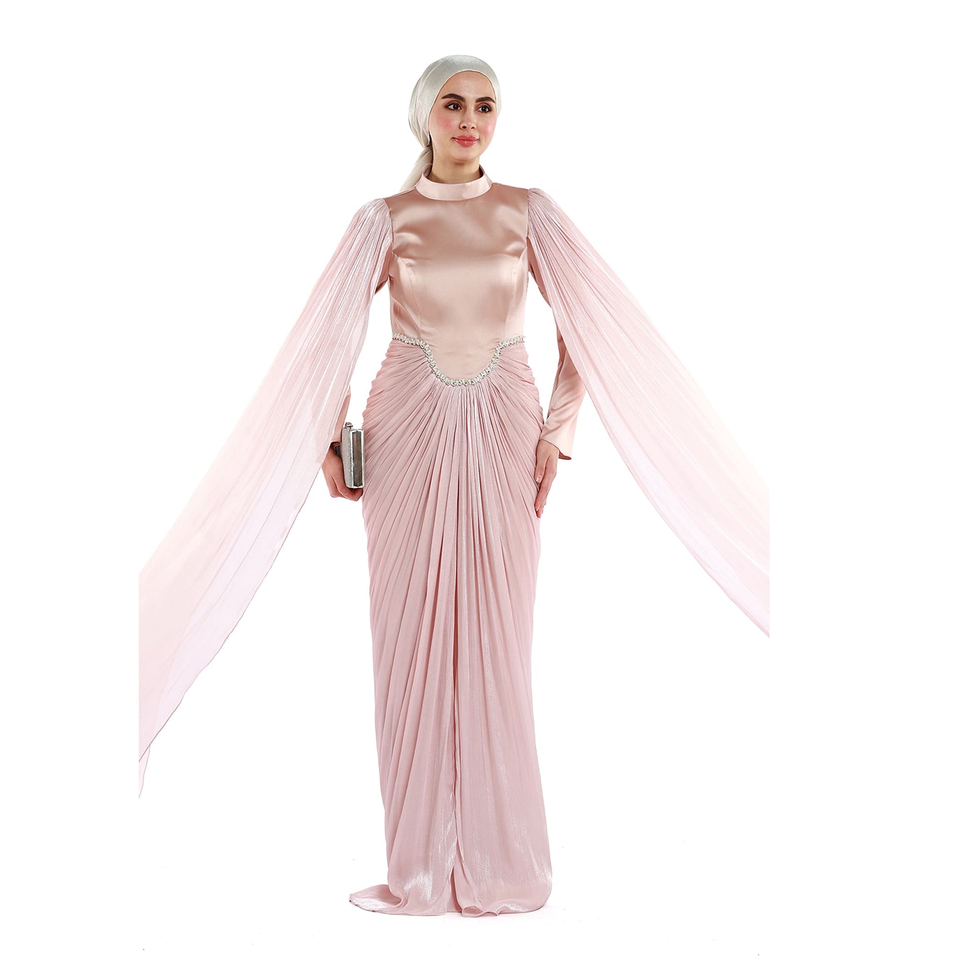 Embellished Waist Cape Sleeve Draped Satin Evening Dress