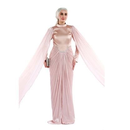 Embellished Waist Cape Sleeve Draped Satin Evening Dress