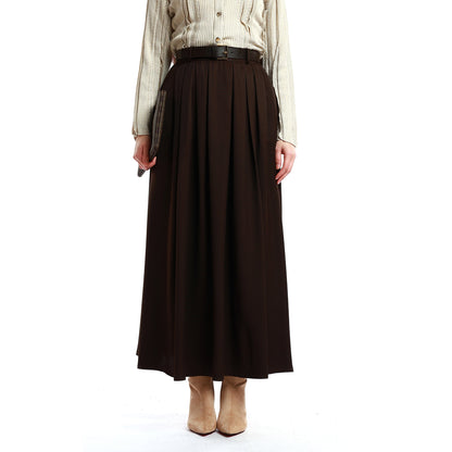 Belted Pleated Tencel Fabric Long Skirt