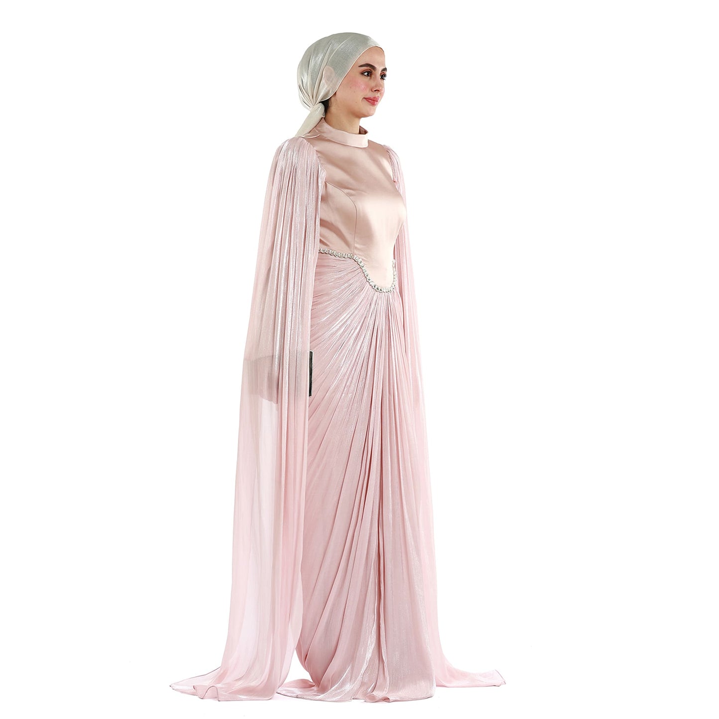 Embellished Waist Cape Sleeve Draped Satin Evening Dress