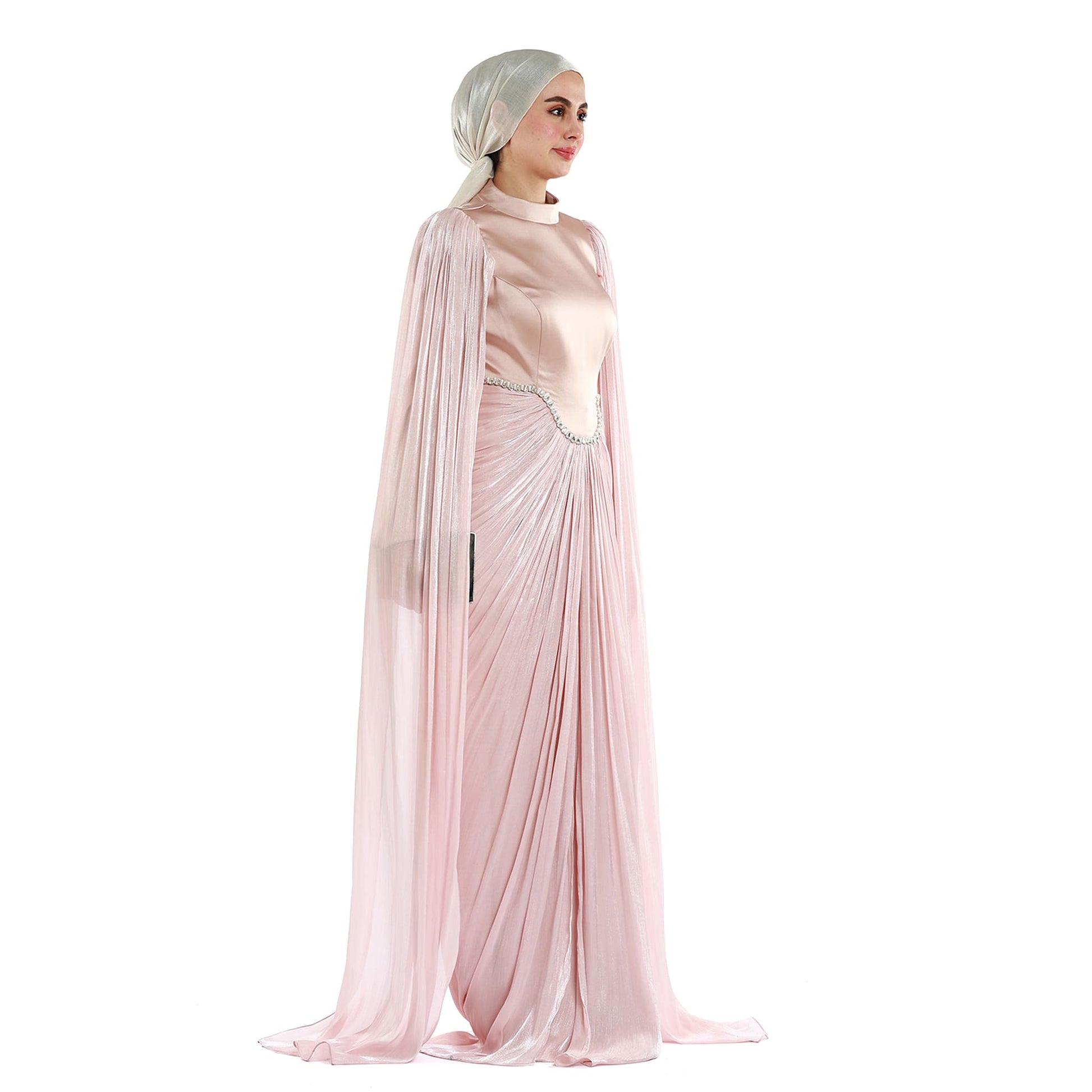Embellished Waist Cape Sleeve Draped Satin Evening Dress