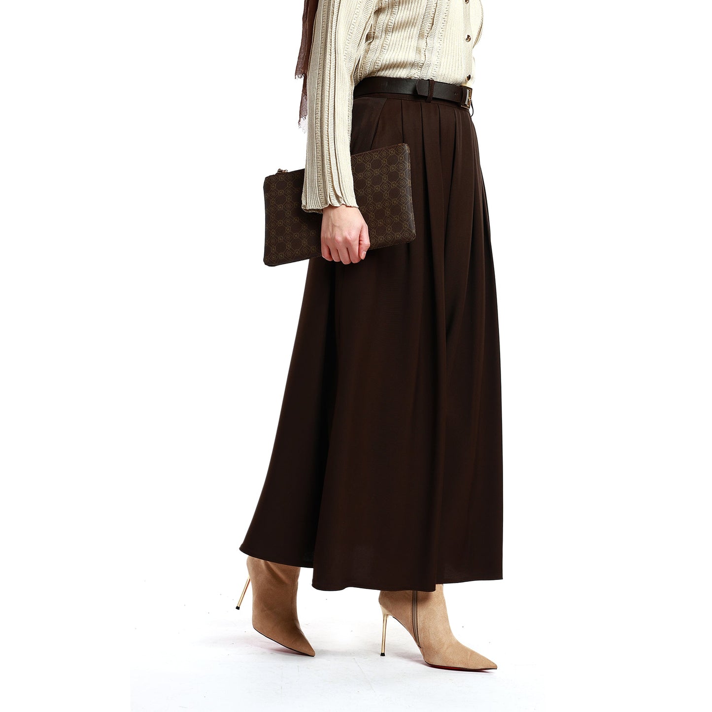 Belted Pleated Tencel Fabric Long Skirt